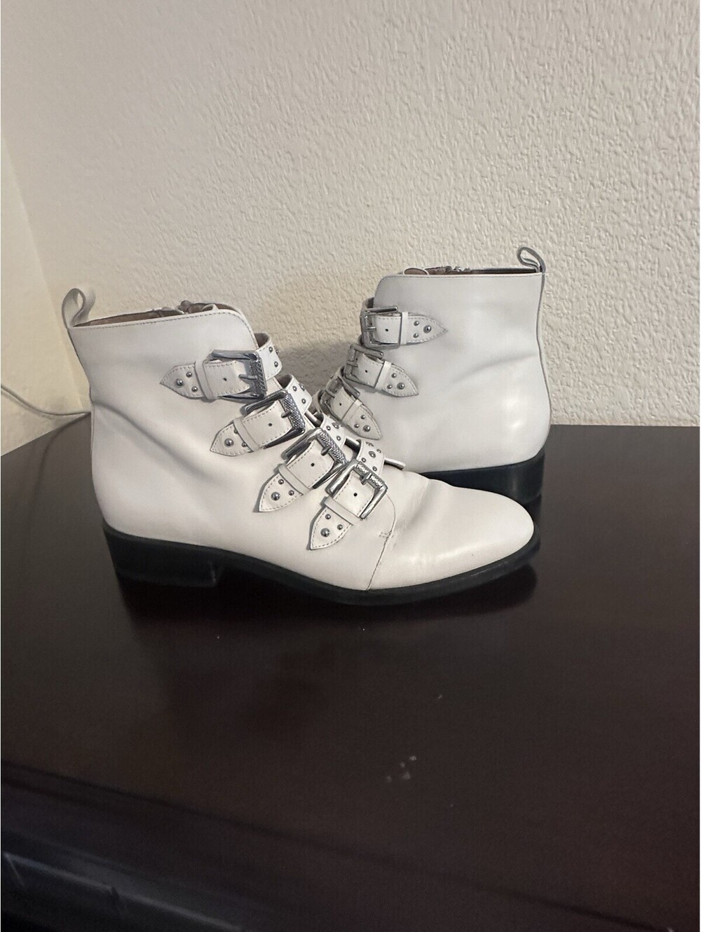Halogen Studded Buckle Strap Ankle Boots White Leather Zip Block Heel Size 10 - Picture 6 of 9